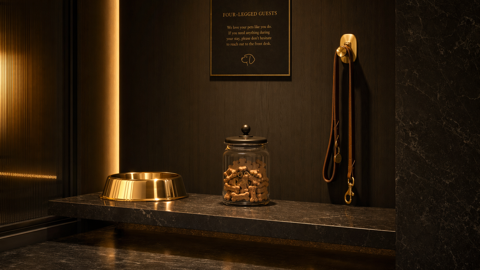 Premium dog bowl and amenity shelf with dark marble and gold fixtures