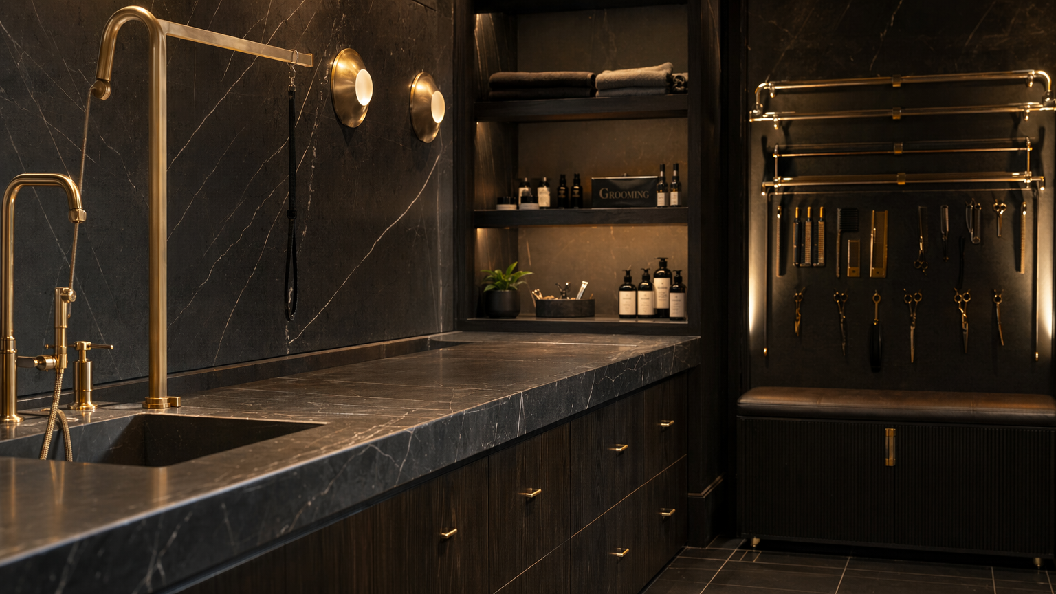Premium grooming station with dark marble counter and gold fixtures