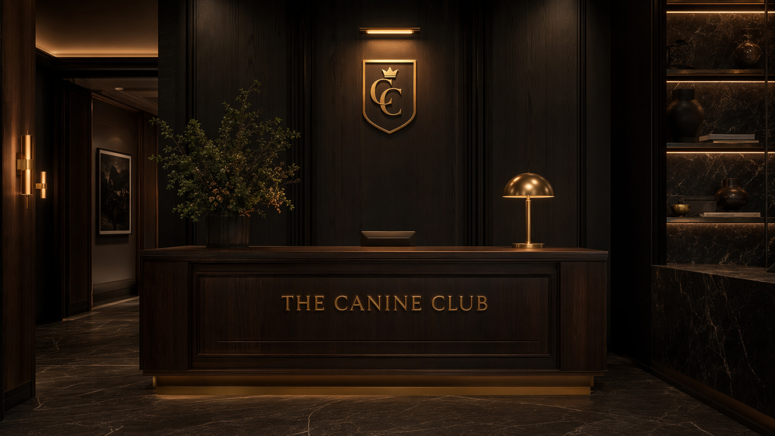 Handler check-in desk with dark wood and gold lettering