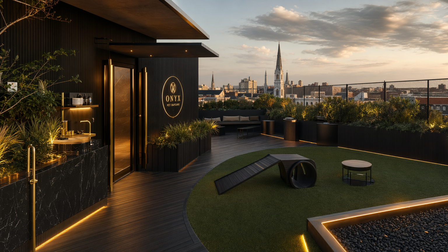 Outdoor terrace play zone with turf and Charleston skyline